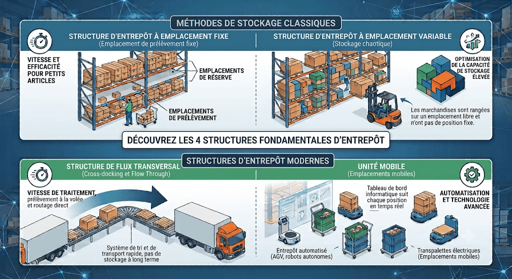 e-Entrepôt - Phase de rangement + Gestion des emplacements + Les 4 structures d'entrepôt